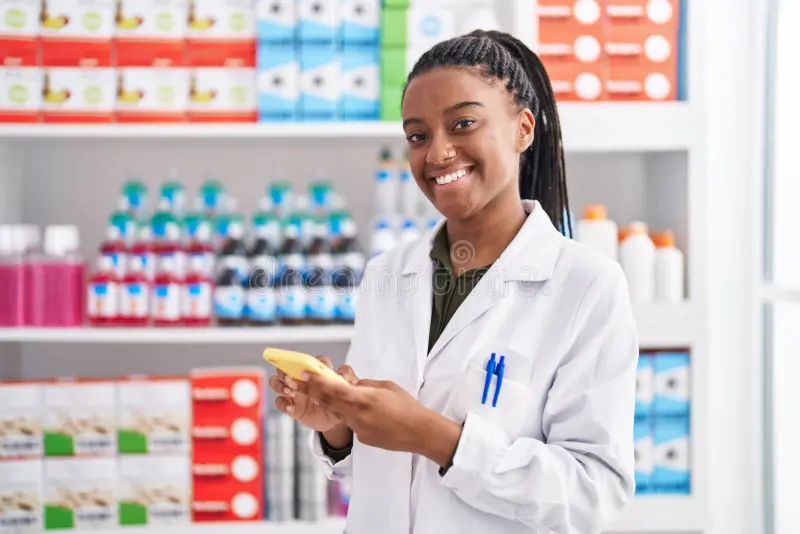 pharmacie-afro-américaine-femme-pharmacienne-utilisant-smartphone-travaillant-à-la-257343514